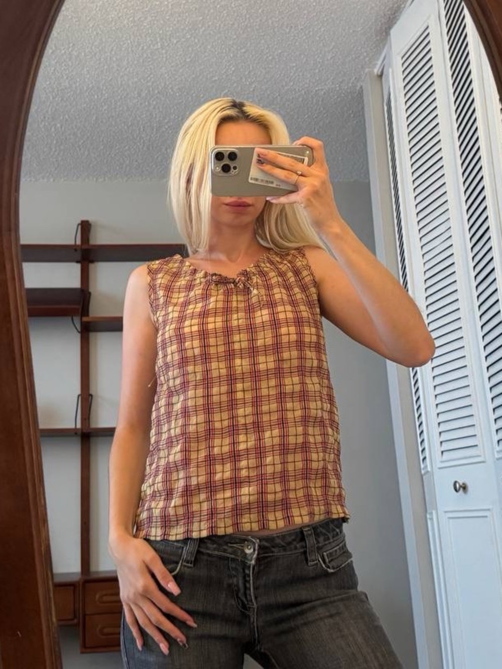 Plaid Sleeveless Square-Neck Tank Top in Burgundy and Mustard